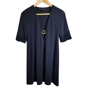 Black Halo Navy Blue Plunging Neckline Dress Gold Ring Size M